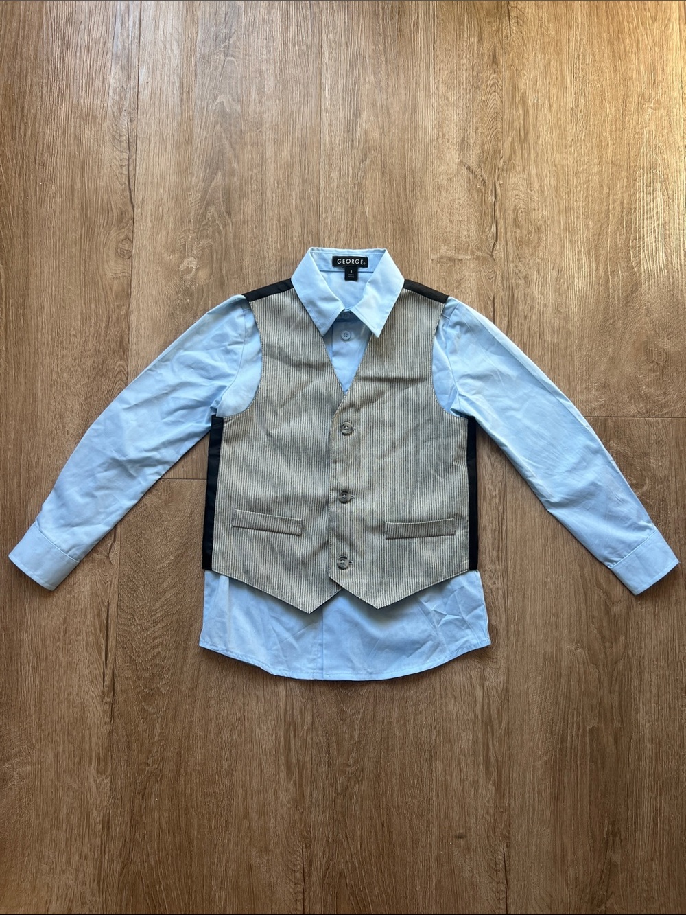 George Boys Light Blue Collared Button-Down with Gray Pinstripe Vest. 
Size 5